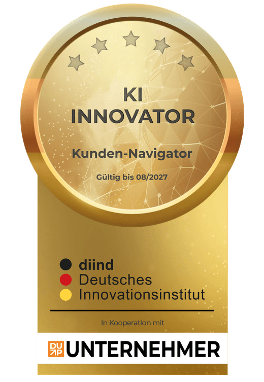 Siegel: KI Innovator — Kunden-Navigator, gültig bis 08/2027, vergeben vom diind Deutschen Innovationsinstitut in Kooperation mit DUP UNTERNEHMER